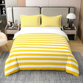 100% Cotton Striped Bed Linen Set, Yellow / White Striped Duvet Cover, 135 x 200 cm, Farmhouse, Ticking Stripes, Quilt Cover, Gothic Horizontal Stripes, Geometric Lines, Comfortable Comforter Cover,