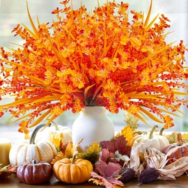 12 Bundles Artificial Fall Flowers for Outdoors Fake Plants UV Resistant Plastic Plants Shrubs Bushes for Home Fall Front Door Porch Garden Autumn Decor (Fall Orange)