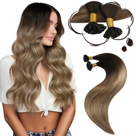 Moresoo U Tip Human Hair Extensions Brown Ombre Keratin Hair Extensions Human Hair Balayage Dark Brown to Dark Brown and Dark Blonde U Tip Extensions for Wedding 16inch 50G/50S