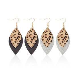 2 Pairs Leopard Print Earrings, Teardrop Leather Earrings, Women's Fashion Earrings, Leopard Print Pendant, Bohemian Style Earrings, Suitable for Party, Daily Wear (Black, Silver)
