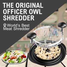 Officer Owl Chicken Shredder Tool Twist Large - Meat Shredder with Brush, Silicone Mat & Separate Plate, BPA-Free, Anti-Slip Strips, Ergonomic Handle, Suitable for Chicken, Pork, Beef & Veggies