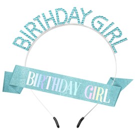 Birthday Sash Birthday Crown for Women, Birthday Girl Sash, Birthday Girl Crown, Glitter Light Blue Birthday Sash and Crown Rhinestone Headband Set, Happy Birthday Girl Princess Tiara Sash Accessories