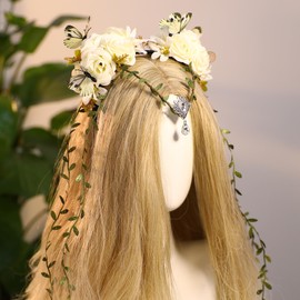 MOSTORY White Fairy Flower Crown for Women, Floral Vine Fairy Headband with Butterfly for Renfaire Cosplay White Wedding