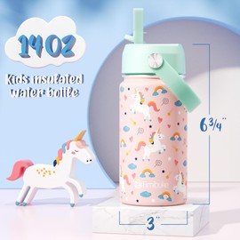 Fimibuke Kids Insulated Water Bottle, 14oz BPA FREE Double Wall Vacuum Tumbler 18/8 Stainless Steel Leak Proof Kids Cups with Straw Metal Bottle for School Boy Girl (2 Pack, UNICORN/WHITE DINOSAUR)