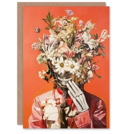 Artery8 Greeting Card Shy Cyborg Robot Flower Bouquet Hat Pink Suit Blank For Him Or Her Art Birthday Card
