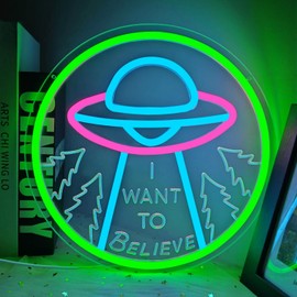 I Want To Believe Neon Sign Alien Led Neon Sign for Wall Decor UFO Neon Light Sign Spaceship Neon Light Sign for Office Man Cave Movie Fans Living Room Bar Pub Game Room Classroom Party