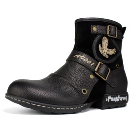 Psanfawq Motorcycle Boots Men Waterproof Leather -Retro Moto Biker Boots with Zip Up & Harness, Riding Combat Boots for Men Casual & Daily Wear,Black,9.5,AF001