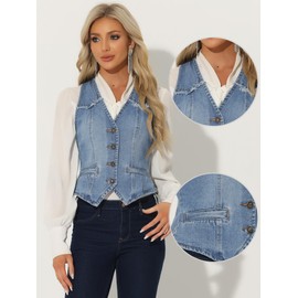 Allegra K Women's Denim Vest Sleeveless Washed Distressed Collarless Gilet Denim Jacket, light blue
