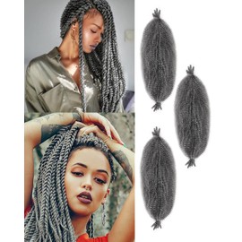 3 Packs Grey Springy Afro Twist Hair with Crochet Hook, 12 Inch Pre-Separated Marley Crochet Braiding Hair for Distressed Soft Locs, Synthetic Hair Extension for Women