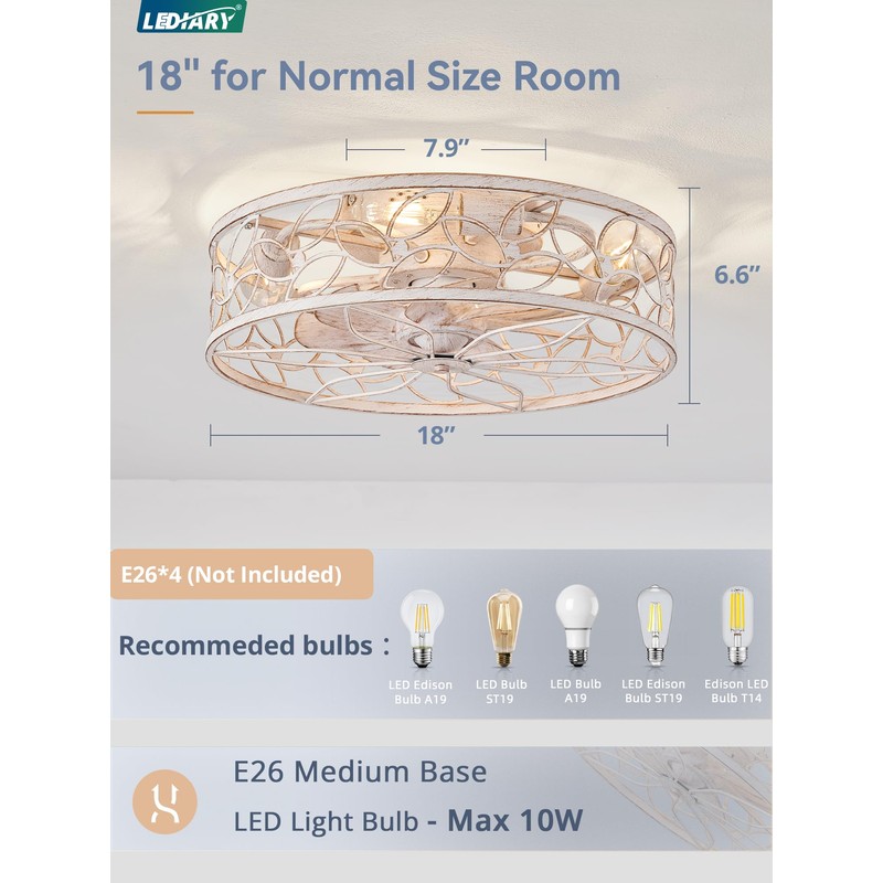 LEDIARY Caged Ceiling Fans with Lights, White Flush Mount Ceiling