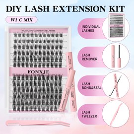 FONXJE DIY Lash Clusters Kit for At-Home Eyelash Extensions | 240 Cluster Lashes (10mm-18mm) with Lash Glue, Bond Sealer & Tweezers | Reusable Cluster Lash Extension Kit for Natural Volume(W1)