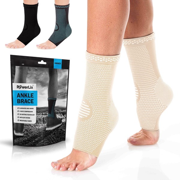 POWERLIX Ankle, Feet Orthopedic Brace Compression Support Sleeve (Pair) for Swelling, Sprain, Plantar Fasciitis, Arthritis, Tendinitis (Nude, Small)