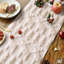 Christmas Tree and Elk Soft Plush Faux Fur Jacquard Xmas Table Runner, Seasonal Holiday Dining Table Decoration for Home Party Decor 13x60 Inch (Cream Beige)