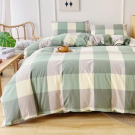 LILYPEACH Green Plaid Duvet Cover Set King Size, Multicolor Buffalo Checkered Grid Gingham Bedding Set, 3 Piece Egyptian Cotton, Zipper Closure, Soft Breathable, for Bedroom Guest Room All Seasons