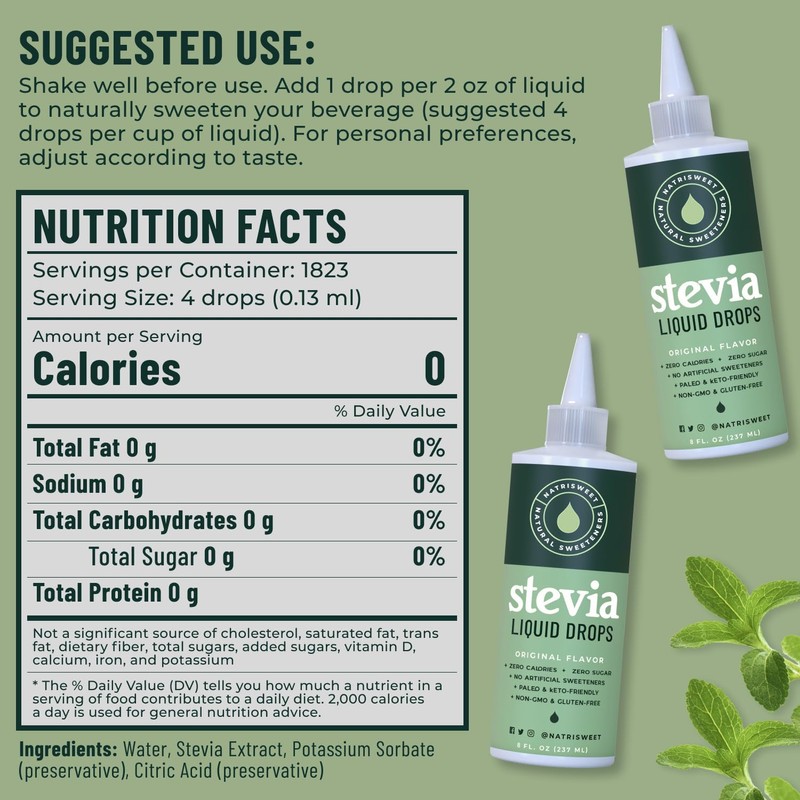 Natrisweet Liquid Stevia Drops, 8oz 2pack, Pure Sweetener from Stevia