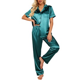 Ekouaer Silk Satin Pajamas Set Women Short Sleeve Sleepwear Soft Button Down Loungewear Pjs Set Blue green X-Large