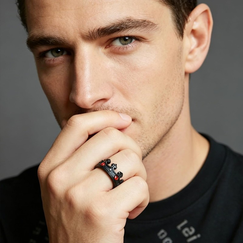 FATACI Mens Royal King Knight Crown Ring,Black Stainless Steel Vintage