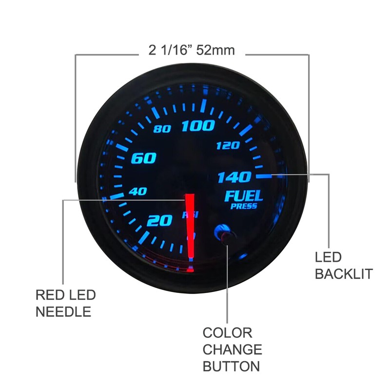 2-1/16" 52mm Fuel Press Gauge Tinted 7 Color 0-140 PSI