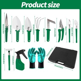 Gardening Tool Set, 11 Pieces Gardening Tools with Carrying Case, Garden Tool Kit for Digging Planting Pruning, Unique Gardening Set with Gloves for Women and Men (Green)