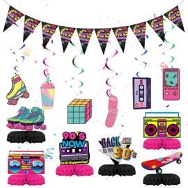 90s Theme Party Birthday Decorations - Pack of 22 90s Hanging Spiral, Bunting, Colourful Spirals Garland, Hanging Decoration, Ceiling Streamers, Paper Honeycomb for Retro Music Rock Disco Hippie
