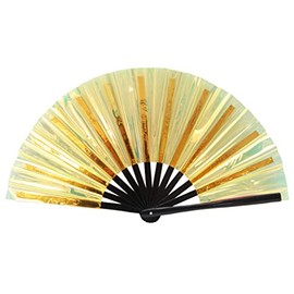 Gionforsy 1pcs Rave Hand Fan Bamboo Holding Hand Fan Large Folding Fan with Bright Color Fabric Folding Fan for Festival (1PC-Style4 Gold)