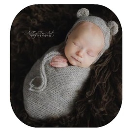 Newborn Photography Props Handmade Bear Hat Wrap Set for Baby Boys Girls Photoshoot Knitted Bonnet Blanket Photo Outfit (Grey)
