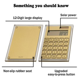 Calculator Gold Foil Stamping, Solar Power Acrylic Slim Calculator with Large LCD Display and Stand, 12 Digits Handheld Desktop Calculator for Office, School, Financial Accounting Business
