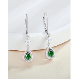 Guesma Green Emerald Teardrop Dangle Earrings Women - 6x4mm Solid Sterling Silver Leverback Earrings Pear Created Birthstone Drop Earring Jewelry for Her