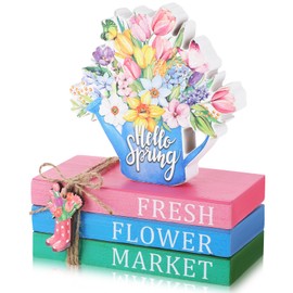 Spring Table Decorations Hello Spring Wooden Signs Flower Book Stack Decor Farmhouse Tabletop Centerpieces Easter Decor for Home Table Kitchen Shelf Tiered Tray