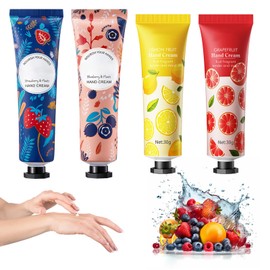 Hand Cream, 4 Pieces Hand Moisturising Cream for Rough, Stressed Skin, Gentle Care Cream for Dry Hands, Birthday Gift, Christmas Gifts, Strawberries, Blueberries, Grapefruit, Lemons