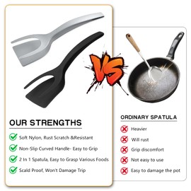 Egg Flipper Spatula 2 in 1 Grip and Flip Spatula Tongs Egg Spatula Flipper Made of High temperature resistant Nylon with Non-Stick Coating Egg Flipper for Home Kitchen Cooking Tool (black and gray)
