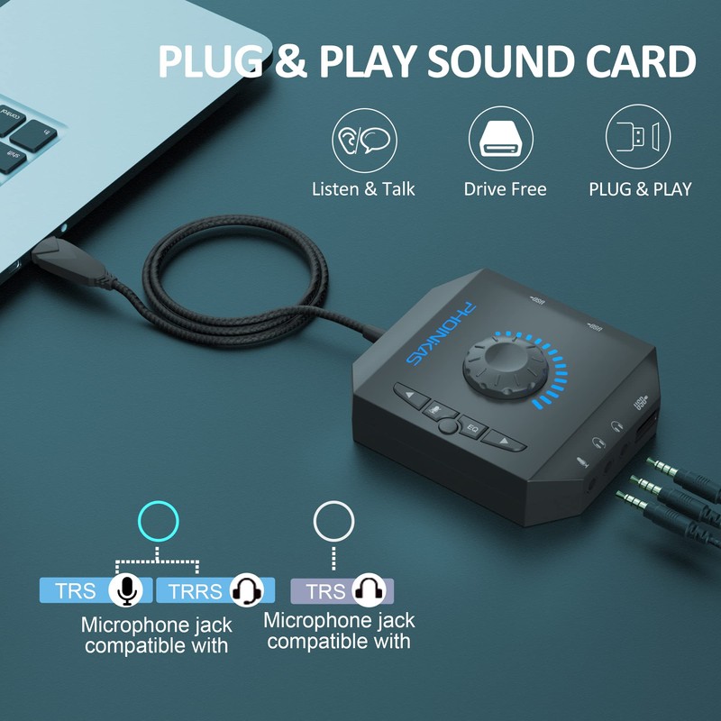 T10 External Sound Card, PHOINIKAS USB Audio Adapter for PC