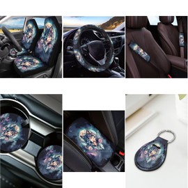 Cxdvotvy Wolf Moon Print Car Accessories Set for Women, Dream Catcher Print Soft Front and Rear Bench Seat Cover for Car, Auto Steering Wheel Cover Seat Belt Pads Cover Cup Coaster, 12 Pieces