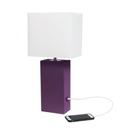 Homestock Rustic Refinement 21" Leather Base Modern Decor Bedside Table Lamp With Charging Port For Living Room, Bedroom, Entryway, Foyer, Or Office With White Rectangular Fabric Shade Eggplant Purple
