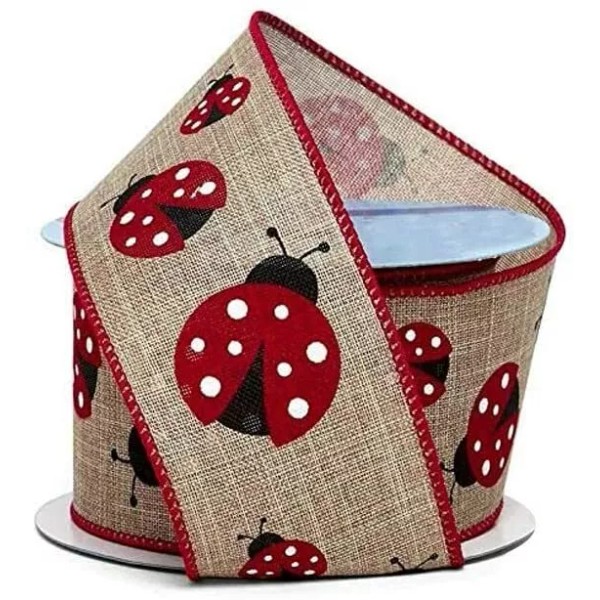 GiftWrap Etc. Red Ladybugs Natural Wired Ribbon - 2 1/2"