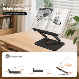 Acrylic Book Stand for Reading Hands Free - Adjustable 360° Rotating Cookbook Holder with Elastic Page Clips & Foldable Base, Multi-Angle Desktop Display Stand for Recipes, Laptops, Tablets, Bibles
