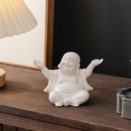 Houlu Small White Laughing Buddha Statue for Home Decor, Ceramic Happy Buddha Statue Indoor for Good Luck