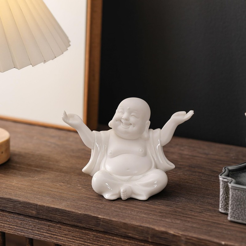 Houlu Small White Laughing Buddha Statue for Home Decor, Ceramic