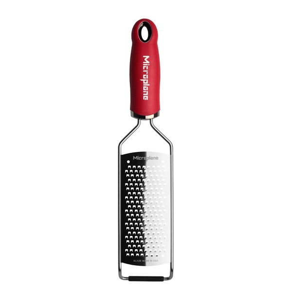 Microplane Kitchen Grater Coarse for Cheese, Carrot, Ginger, Coconut, Nuts and Horseradish in Red with Stainless Steel Blade - Made in USA