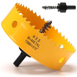 110mm Hole Saw, HSS Bi-Metal Hole Cutter with Drill Bit for Wood, Plastic, PVC, Fiberglass and Plasterboard, Yellow