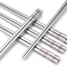 Stainless Steel Chopsticks, Titanium Plated Metal Chopsticks, 9.8" Premium Japanese Korean Color Laser Engraved Cooking Chop Sticks, Dishwasher Safe, Reusable, Anti-slip, Anti-scald, 2 Pairs Gift Set