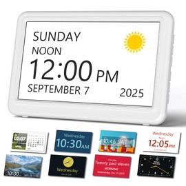 7 Inch Day Clock- 20 Alarm/Reminder Options, Clock with Day and Date for Elderly, Auto Dimming/DST, 12 Themes, Easy-to-Use Alarm Clock with Side Navigation Buttons, Digital Clocks for Seniors