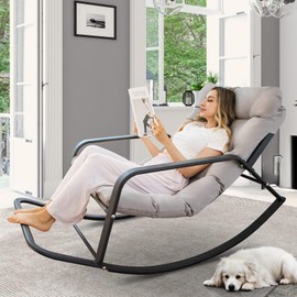 NICESOUL Large Padded Outdoor Rocking Chair, Oversized Patio Metal Lounge Rocker with Cushion, 450lbs Comfy Papasan Glider Chairs with Footrest for Porch, Balcony, Garden, Backyard and Indoor, Grey