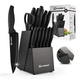 15-Piece Stainless Steel Kitchen Knife Set, Built-in Knife Sharpener, Dishwasher Safe, Ergonomic Non-Slip Handles, 6 Steak Knives, Black