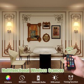 Shenmoyl Battery Operated Wall Sconce, Rechargeable Wall Light with 5000mAh RGB Dimmable Bulb, 12 Colors Wireless Wall Sconce for Bedroom Living Room, Silver