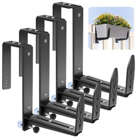 Window Box Brackets, Adjustable Planter Box Brackets, Heavy Duty Iron Flower Box Bracket for Deck Railing with Upgraded Bottom Support - Ideal for Balconies, Fences, and Gardens (4 Pack)