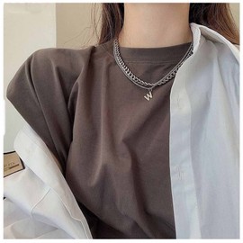 Allereya Initial Layering Letter W Pendant Curb Chain Silver Chunky Chain Jewelry for Women Girls Gifts, Metal