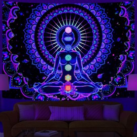Heopapin Blacklight Tapestry Seven Chakra Tapestry UV Reactive Yoga Meditation Mandala Wall Tapestry Trippy Galaxy Space Tapestry for Wall Hanging Tapestry for Bedroom Home Decor W78×H59