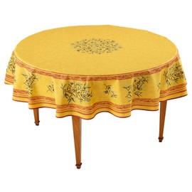 Occitan Imports Clos des Oliviers Safran Round French Tablecloth, Uncoated Cotton, 71 in diameter
