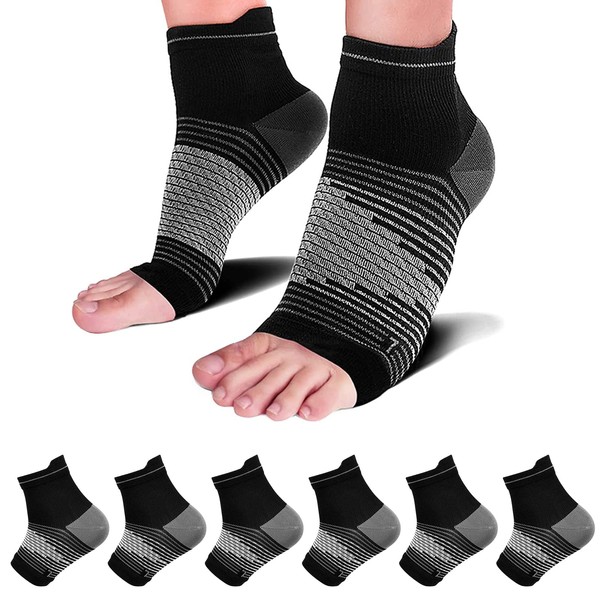 Plantar Fasciitis Compression Sleeve (6 Pairs) with Arch Foot Support for Men & Women - Best Plantar Fasciitis Night Sock for Foot and Heel Pain Relief Achilles Tendonitis Support, Black L